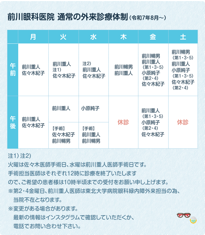 前川眼科医院 通常の外来診療体制（令和7年8月～）